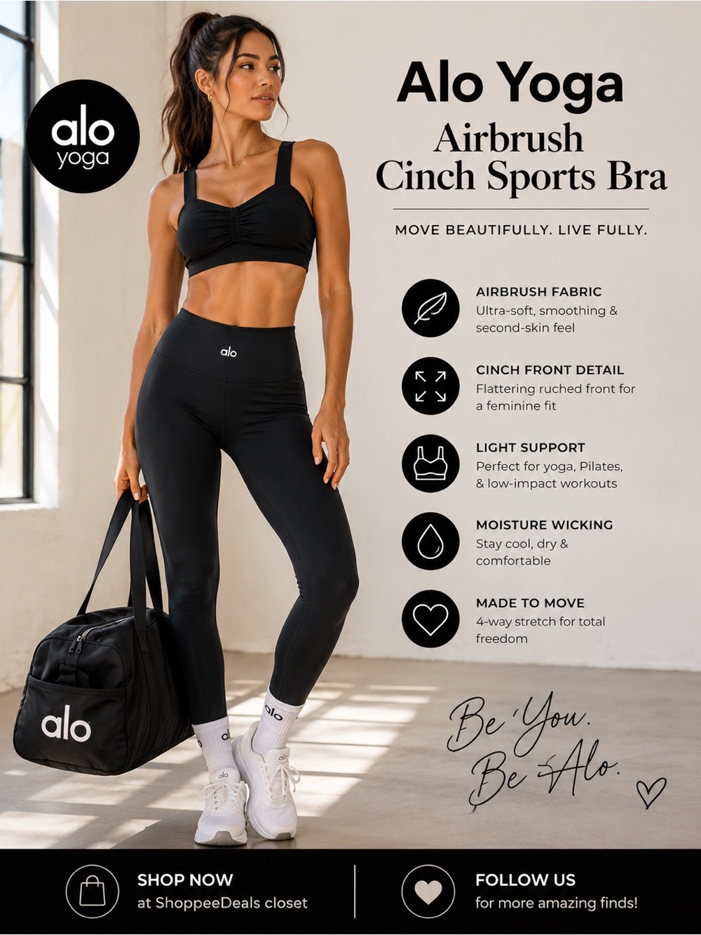 Alo Yoga Airbrush Cinch Sports Bra | Black | EUC